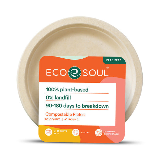 EcoSoul 9 inch Plant-Based Compostable Plates, 20 Count