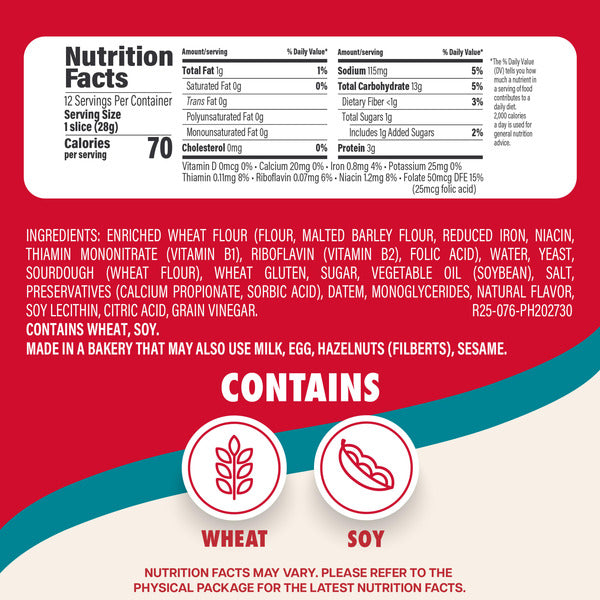 Sara Lee Sourdough, Bread, Half Loaf, Sandwich Bread, 12 oz