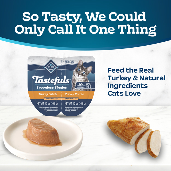 Blue Buffalo Tastefuls Spoonless Singles Adult Pate Wet Cat Food, Turkey, Cups, Twin-Pack