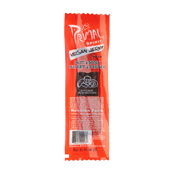 Primal Meatless Jerky Strips Vegan, Shiitake Mushrooms, Hot & Spicy/Sweet & Savory