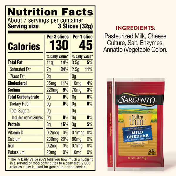 Sargento Ultra Thin® Natural Mild Cheddar Cheese Slices, 20 Slices
