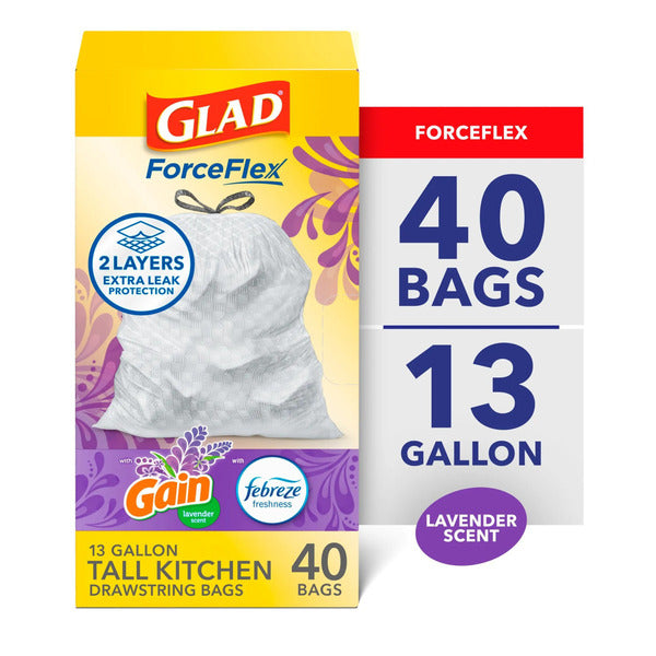 Glad ForceFlex Tall Kitchen Trash Bags, 13 Gallon, Gain Lavender with Febreze