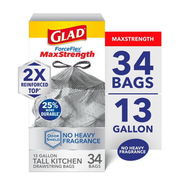 Glad ForceFlex MaxStrength Tall Kitchen Drawstring Trash Bags, 13 Gallon, Odorshield