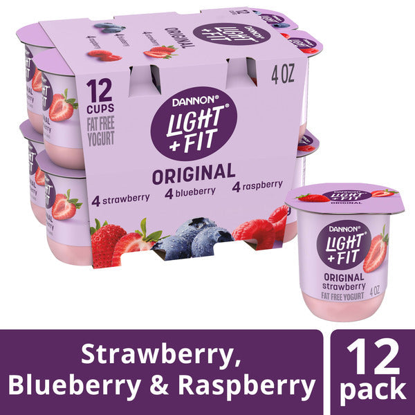 Dannon Light + Fit Nonfat Yogurt, Strawberry/Blueberry/Raspberry, Gluten-Free, 12 Pack