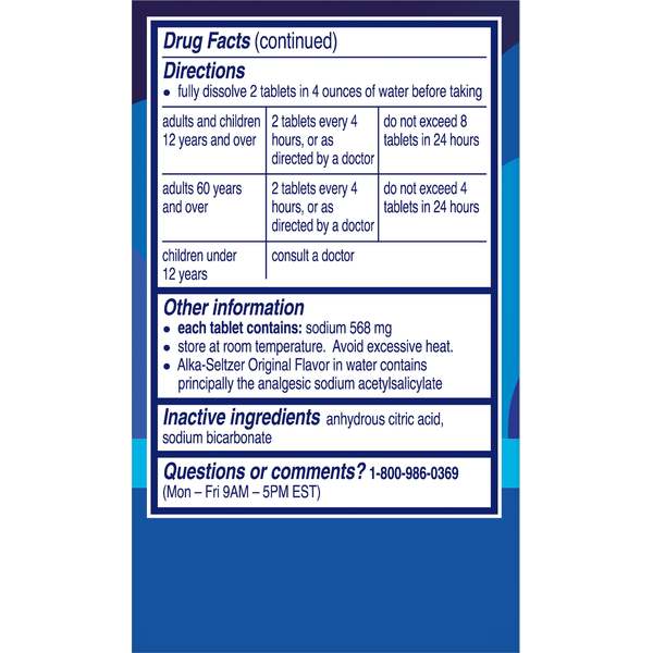 Alka-Seltzer Pain Reliever/Fever Reducer, Effervescent Tablets, Original Flavor