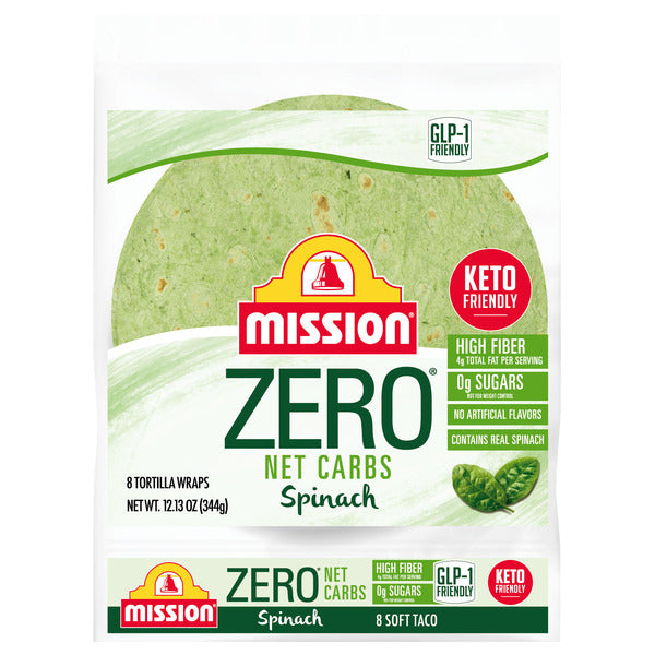Mission Zero Net Carbs Spinach Flour Tortillas, Soft Taco Size, 8 Count