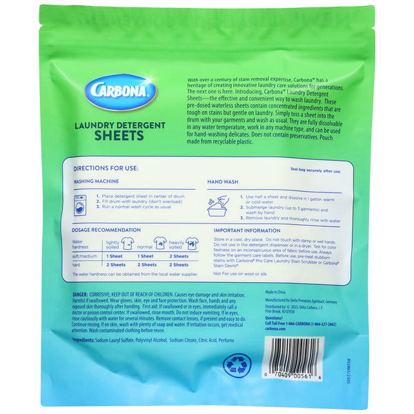 Carbona Laundry Detergent Sheets, Fresh Scent