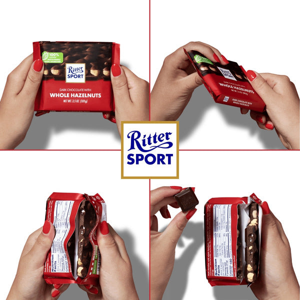 Ritter Sport Dark Chocolate Candy Bar with Crunchy Whole Hazelnuts