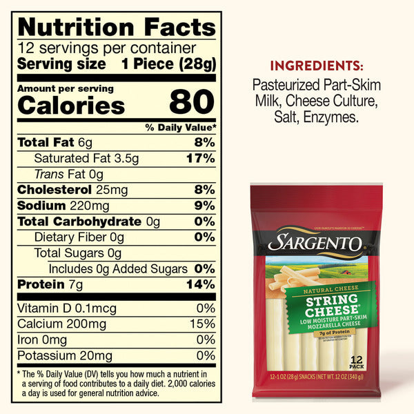 Sargento Natural Mozzarella String Cheese Sticks, 12-Count