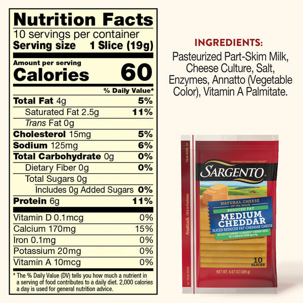 Sargento Reduced Fat Natural Medium Cheddar Sliced Cheese, 10 Slices