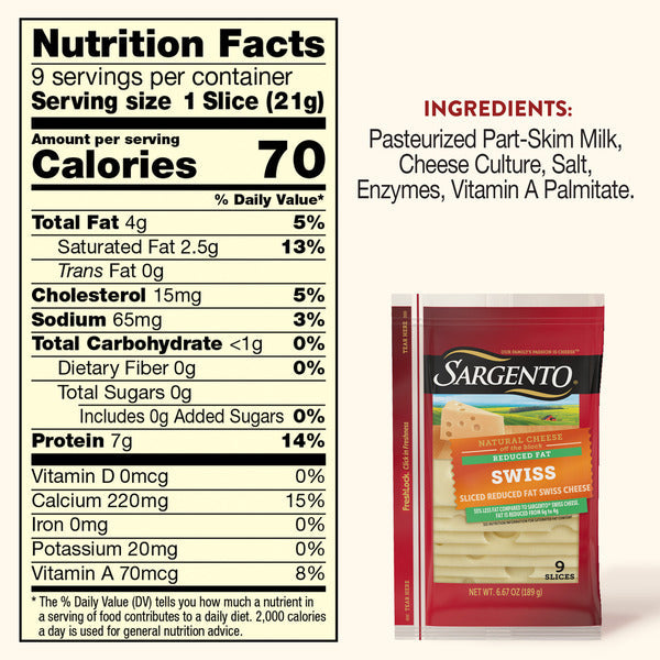 Sargento Reduced Fat Natural Swiss Sliced Cheese, 9 Slices