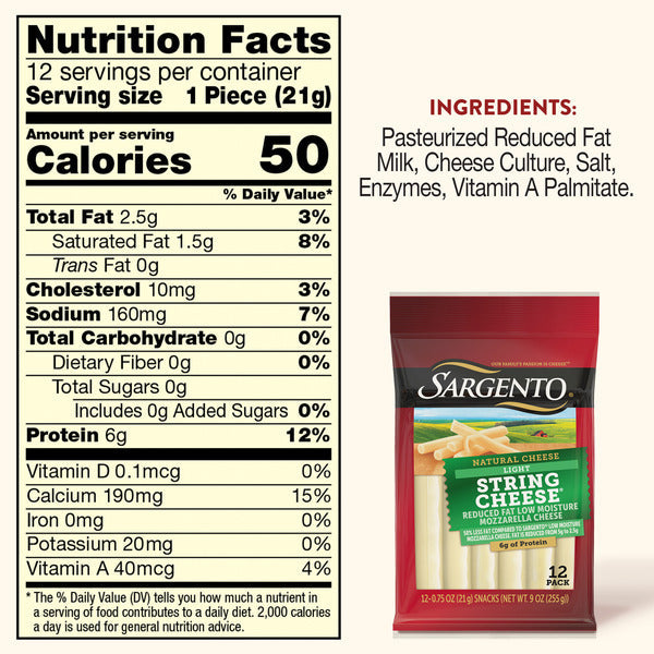 Sargento Reduced Fat Natural Low Moisture Part-Skim Mozzarella Light String Cheese, 12-Count