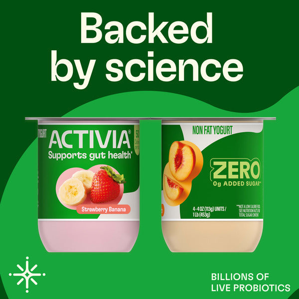 Activia Zero 0g Added Sugar Strawberry Banana & Peach Probiotic Nonfat Yogurt Cups, 4 oz, 12 Count