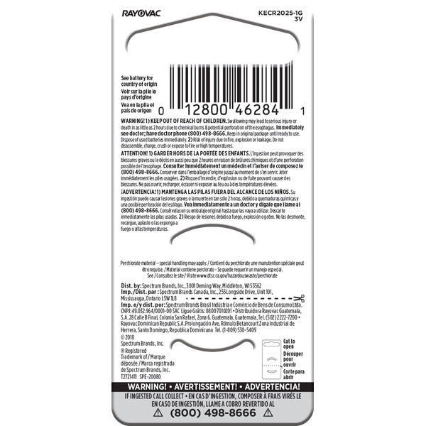 RAYOVAC Lithium Coin Cell Batteries Size 2025 3V