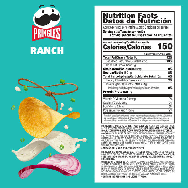 Pringles Ranch Potato Crisps Chips, Lunch Snacks, 5.5 oz