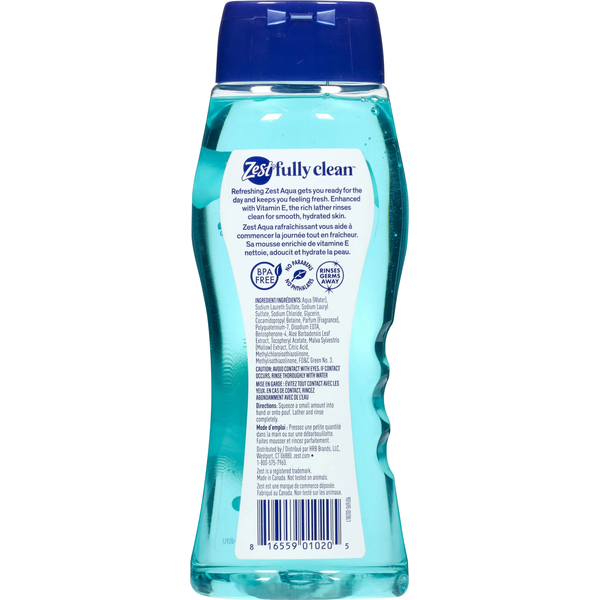 Zest Body Wash, Hydrating, Aqua with Vitamin E