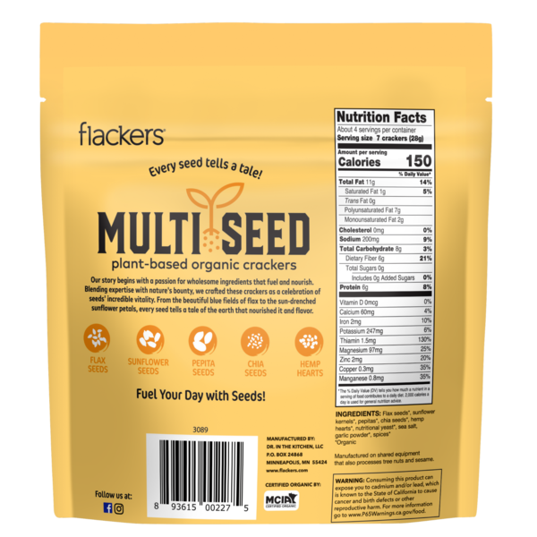 Dr. in the Kitchen Flackers Flackers Multi Seed, plant based organic crackers, Cheeze Pleaze