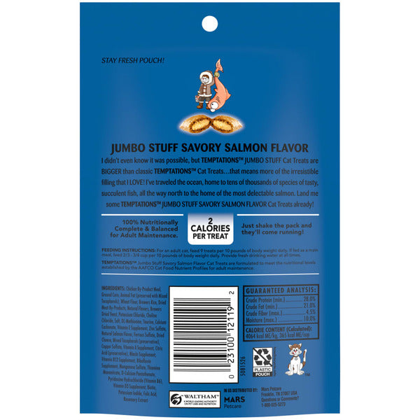 TEMPTATIONS Jumbo Stuff Crunchy and Soft Cat Treats Savory Salmon Flavor