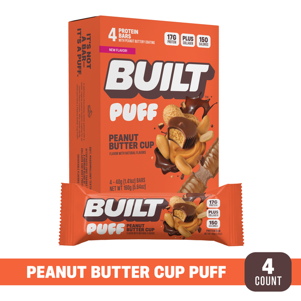 BUILT Protein Snack Bar Puff, Peanut Butter Cup, 4 Count Box