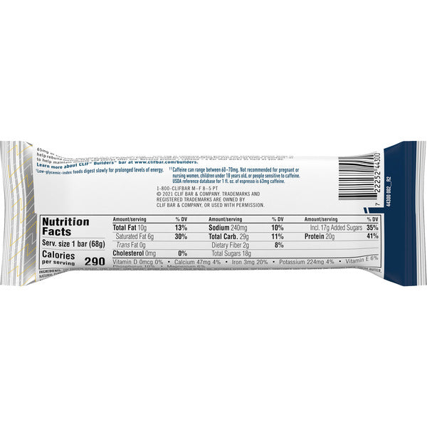 BUILDERS Chocolate Chip Cookie Dough With Caffeine Flavor Plant Based Protein Bar 2.4 oz