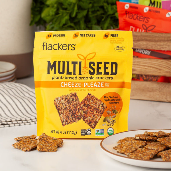 Dr. in the Kitchen Flackers Flackers Multi Seed, plant based organic crackers, Cheeze Pleaze