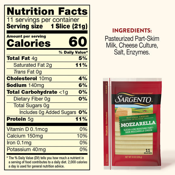 Sargento Natural Mozzarella Sliced Cheese, 11 Slices