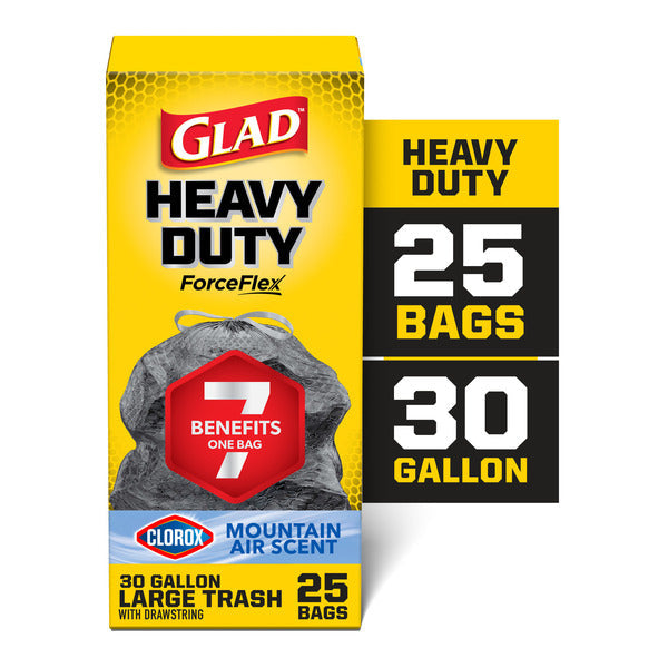 Glad ForceFlex Heavy Duty Large Trash Bags with Clorox, Mountain Air Scent, 30 Gallon