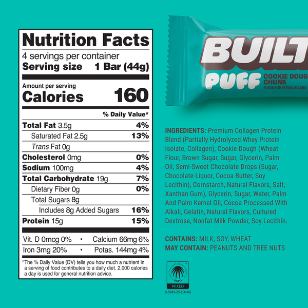 BUILT Puff Protein Bar, Cookie Dough Chunk, 4ct Box