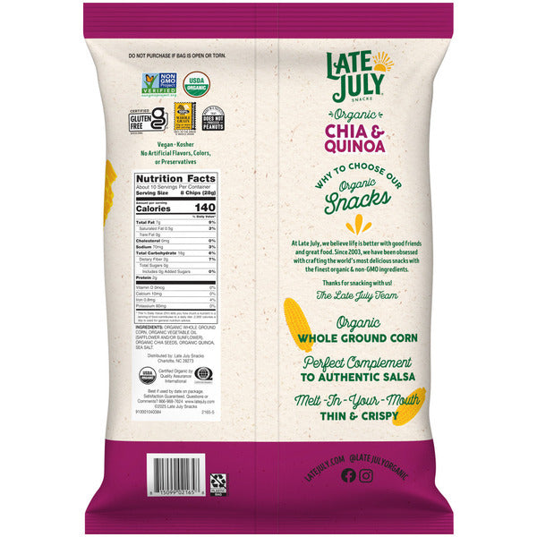 LATE JULY Snacks Restaurant Style Chia & Quinoa Tortilla Chips