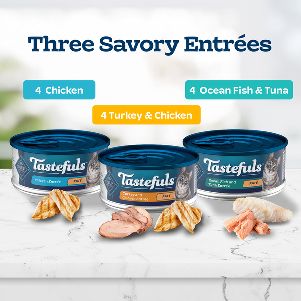 Blue Buffalo Tastefuls Natural Wet Cat Food, Chicken, Turkey & Chicken, Ocean Fish & Tunas