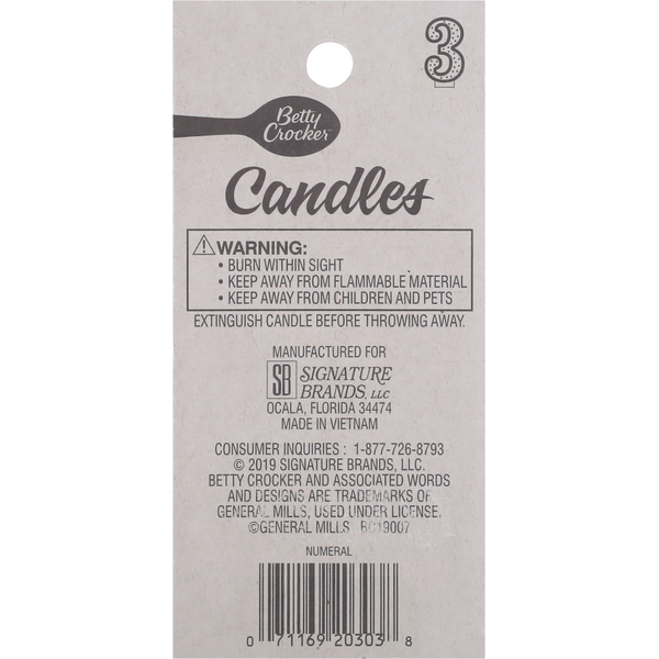 Betty Crocker Birthday Candle, Numeral 3, 3 Inch