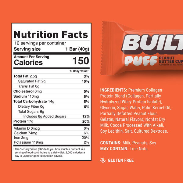 BUILT Protein Snack Bar Puff, Peanut Butter Cup, 4 Count Box