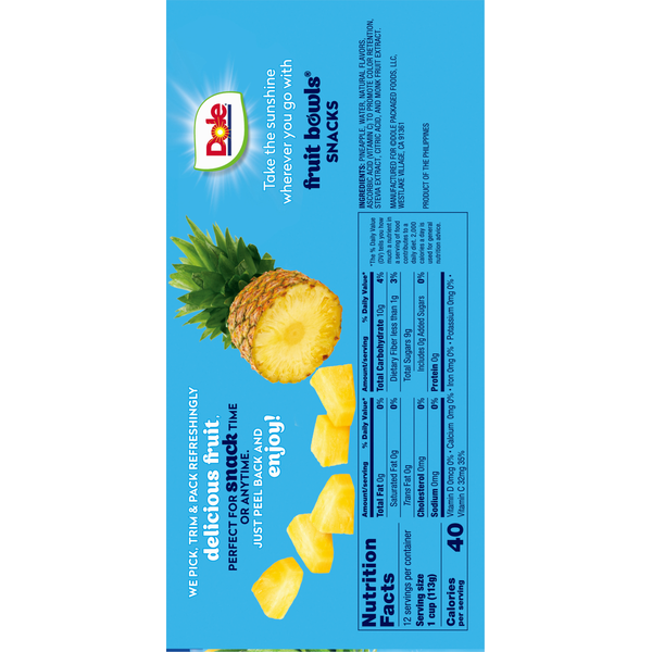 Dole Fruit Bowls Snacks, in 100% Fruit Juice, Pineapple Tidbits