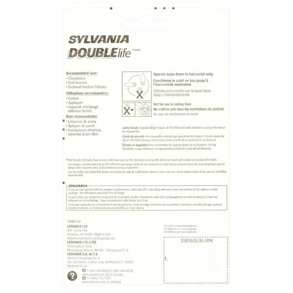 Sylvania Double Life 25w Standard Base B10 Bulbs