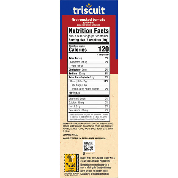 Triscuit Fire Roasted Tomato & Olive Oil Whole Grain Wheat Crackers, Lunch Snacks