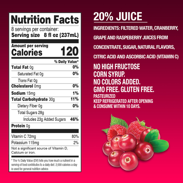 Langers Juice Cocktail, from Concentrate, Cranberry Raspberry