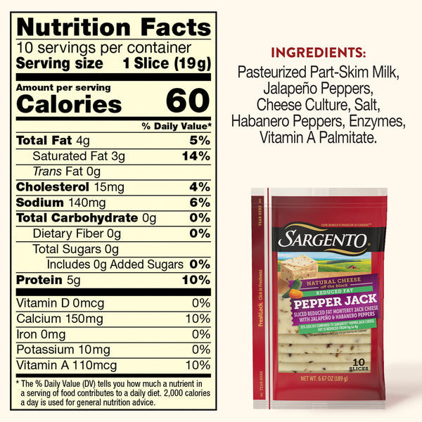 Sargento Reduced Fat Natural Pepper Jack Sliced Cheese, 10 Slices