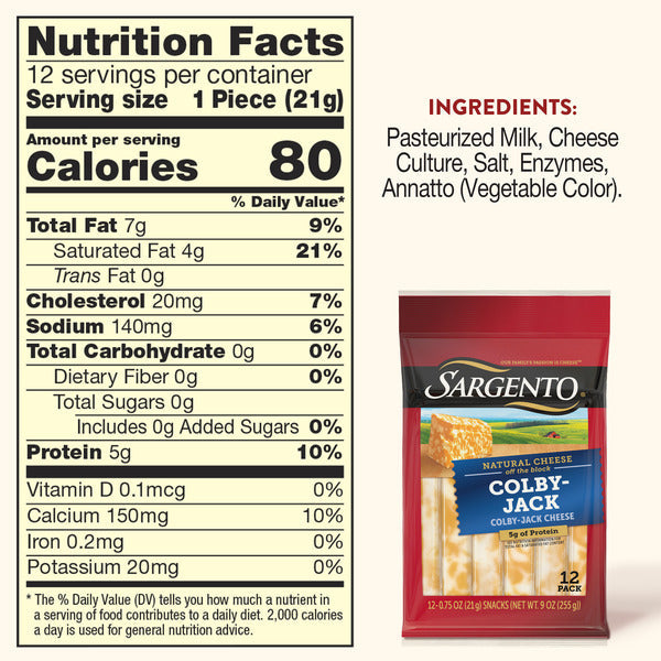 Sargento Natural Colby-Jack Cheese Sticks, 12-Count