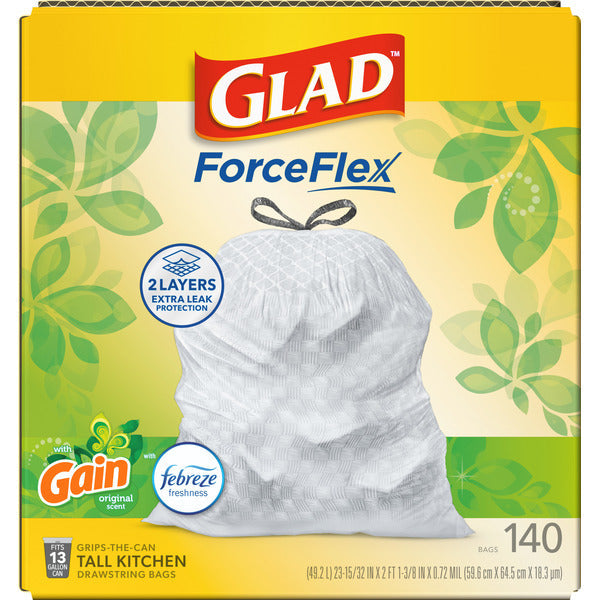 Glad ForceFlex Tall Kitchen Drawstring Trash Bags, 13 Gal, Gain Original with Febreze