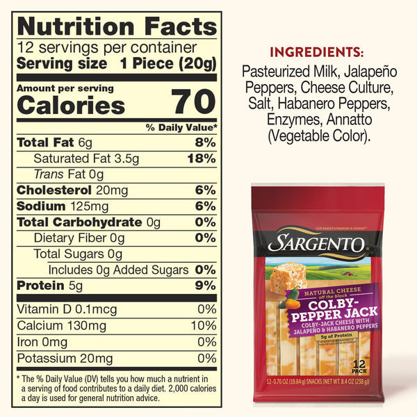 Sargento Natural Colby-Pepper Jack Cheese Sticks, 12-Count