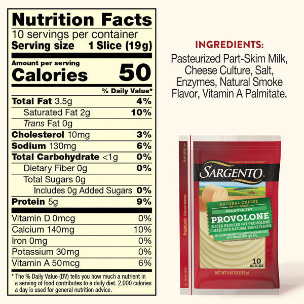Sargento Reduced Fat Natural Provolone with Natural Smoke Flavor Sliced Cheese, 10 Slices