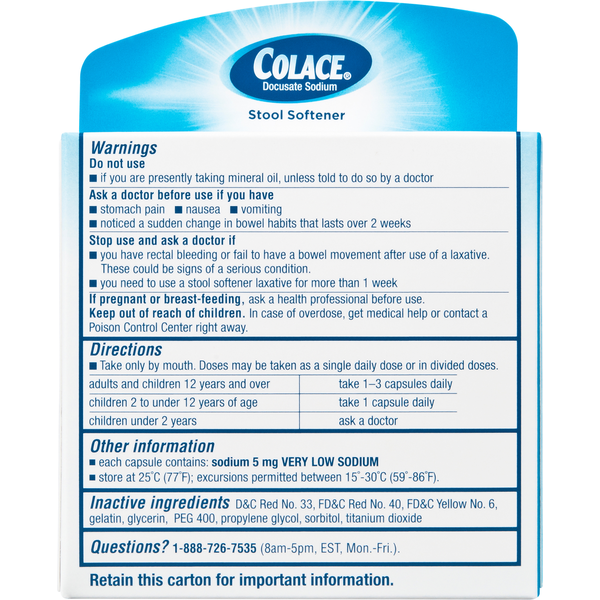 Colace Stool Softener, Regular Strength, 100 mg, Capsules