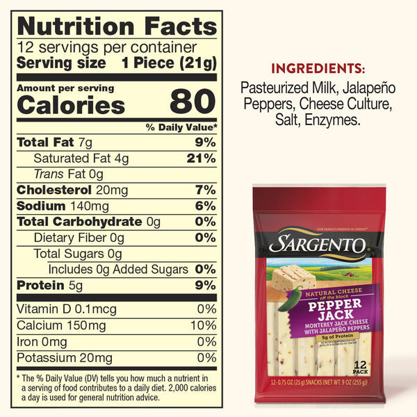 Sargento Natural Pepper Jack Cheese Sticks, 12-Count