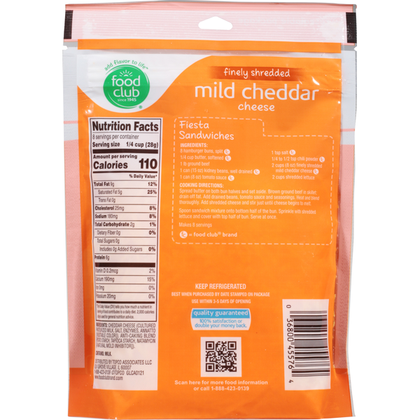 Food Club Finely Shredded Cheese, Mild Cheddar