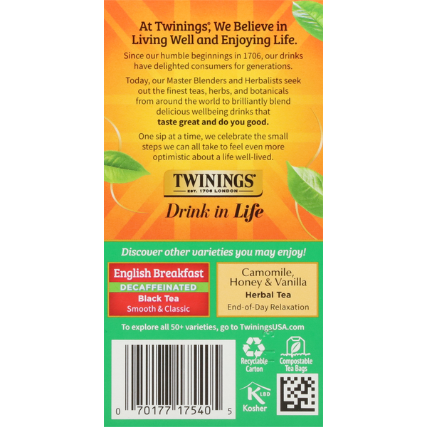 Twinings Black Tea, Pure, Irish Breakfast, Decaffeinated, Tea Bags