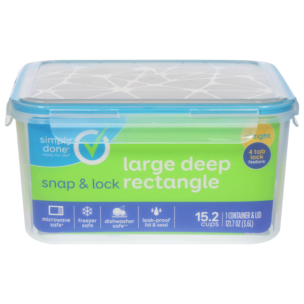 Simply Done Container & Lid, Snap & Lock, Large, Deep Rectangle, 121.7 Ounce