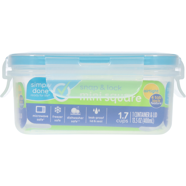 Simply Done Container & Lid, Snap & Lock, Mini, Square, 13.5 Ounce