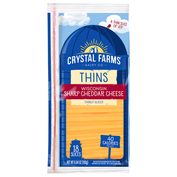 Crystal Farms Cheese, Wisconsin Sharp Cheddar, Thins