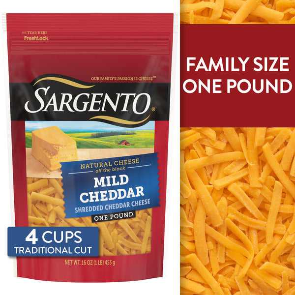 Sargento Natural Mild Cheddar Shredded Cheese, Traditional Cut, 16 oz