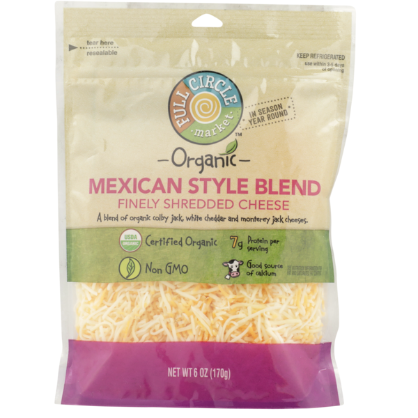 Full Circle Mexican Style Blend Of Organic Colby Jack, White Cheddar And Monterey Jack Finely Shredded Cheese